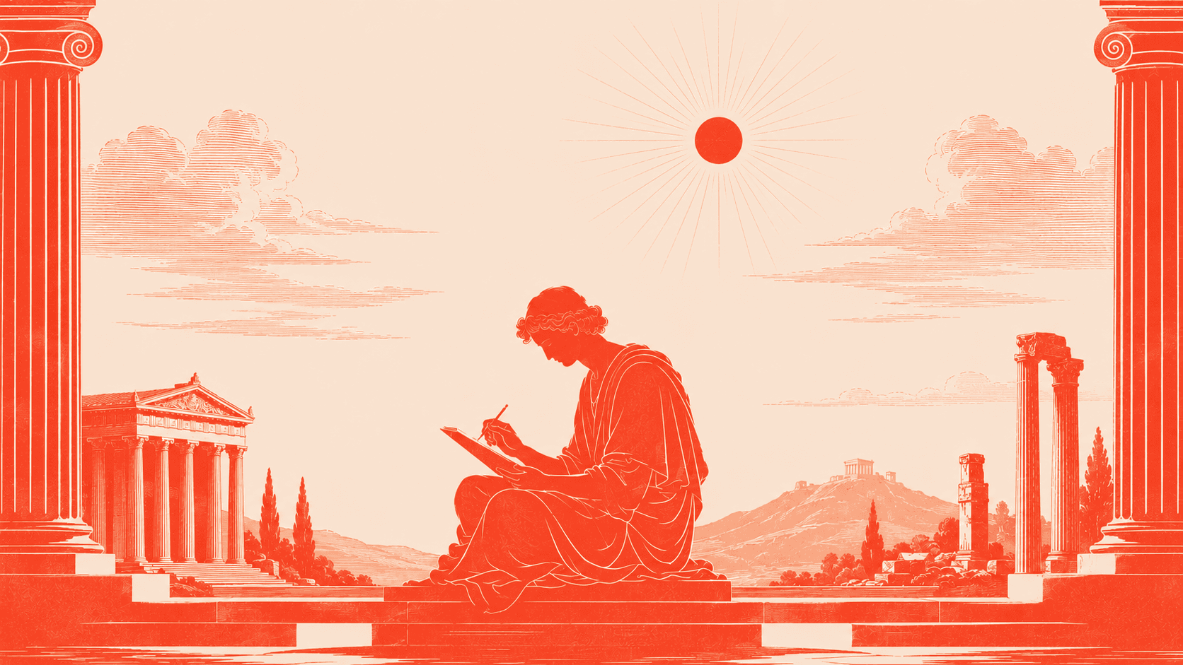 Vermilion engraving of a classical scholar writing among Greek temples