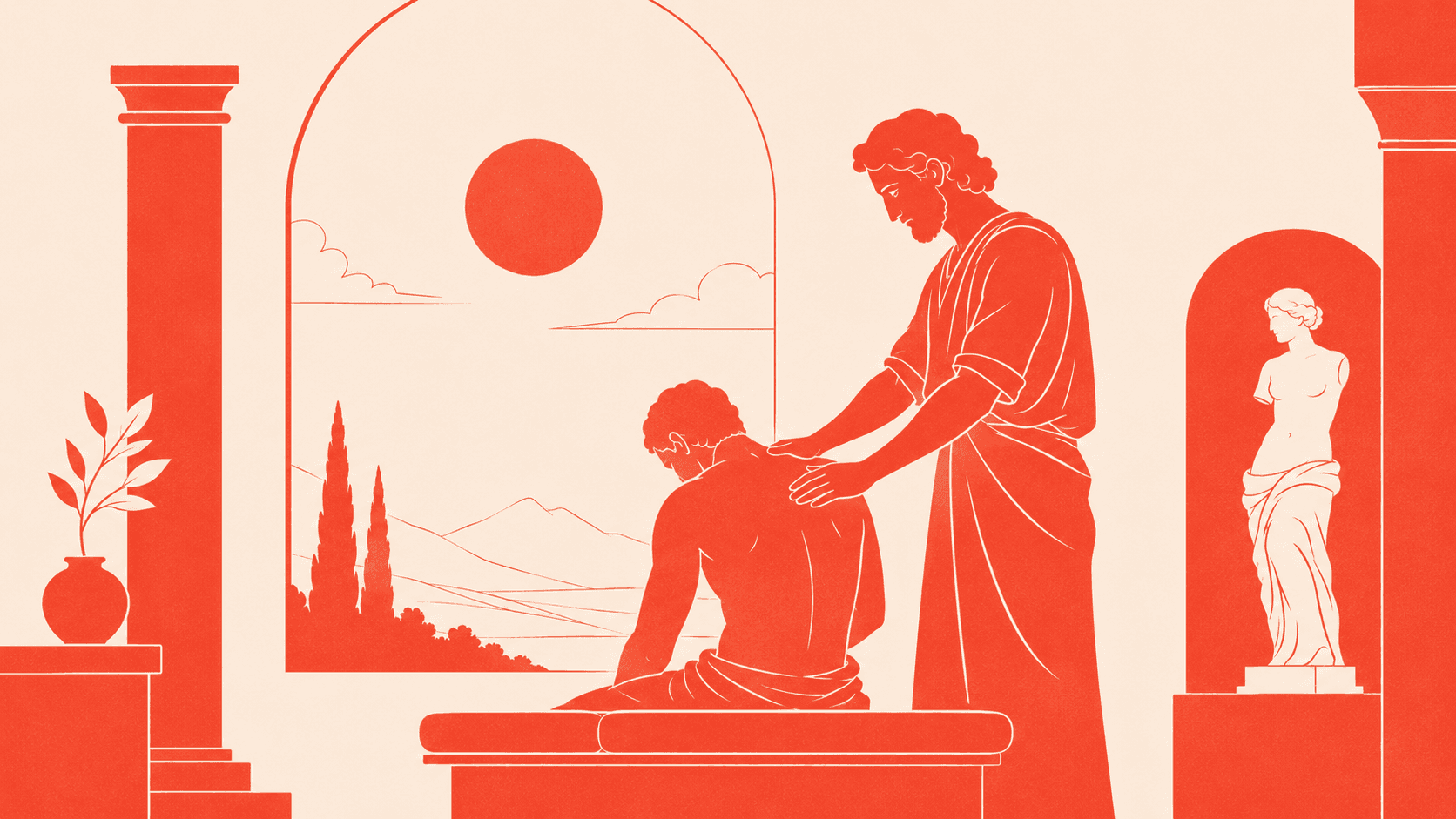 Vermilion illustration of a classical healer treating a seated figure