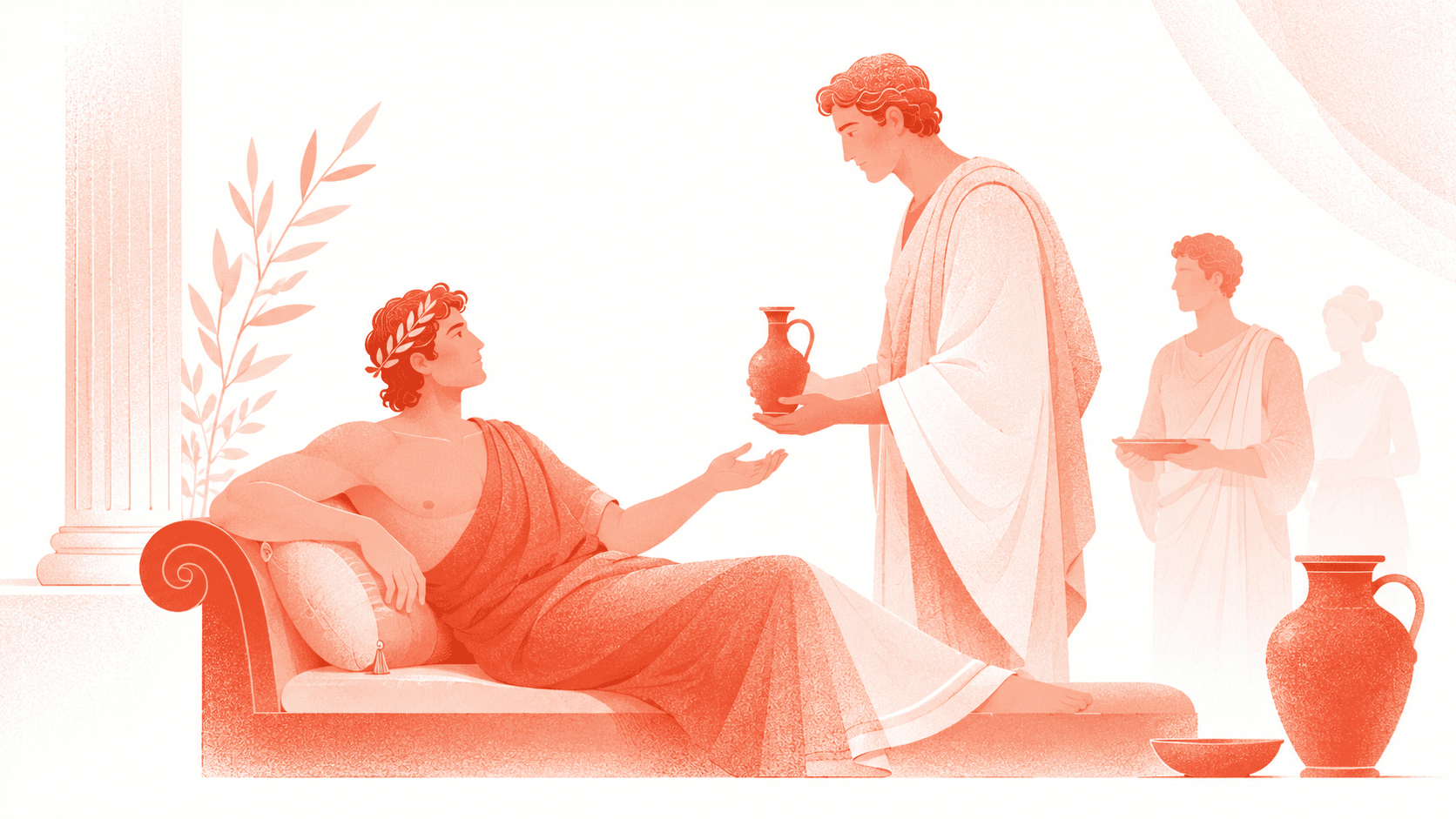 Vermilion illustration of a classical physician tending to a reclining patient