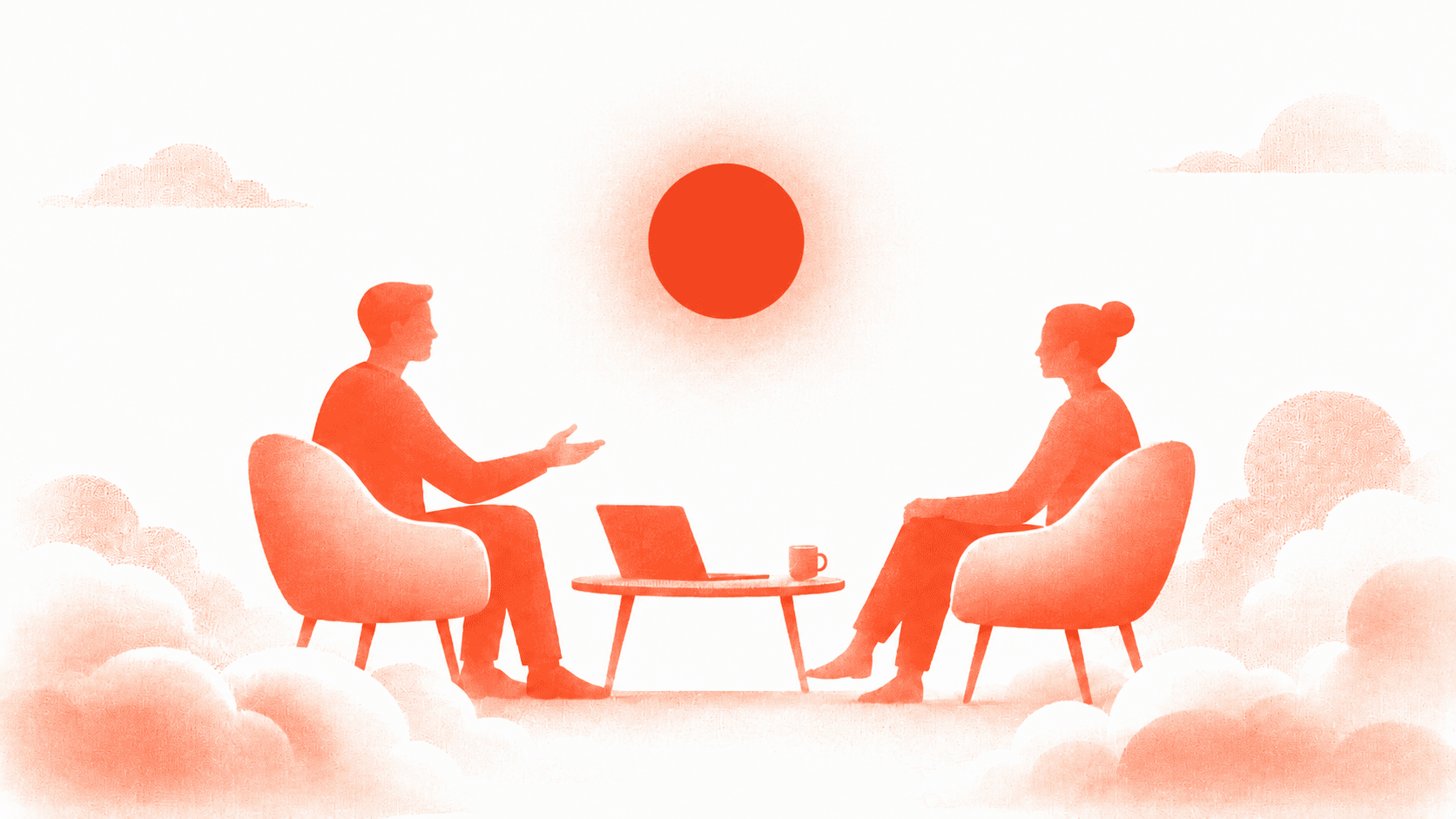 Vermilion illustration of two people in conversation across a low table