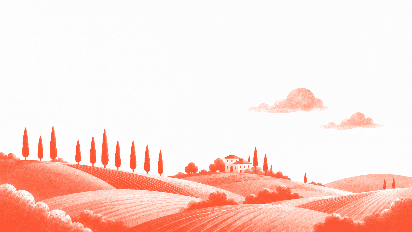 Vermilion halftone illustration of a rolling Tuscan hillside