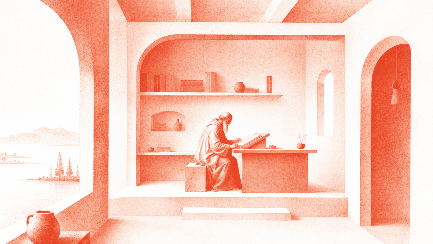 Vermilion illustration of a scribe writing at a desk in a serene interior