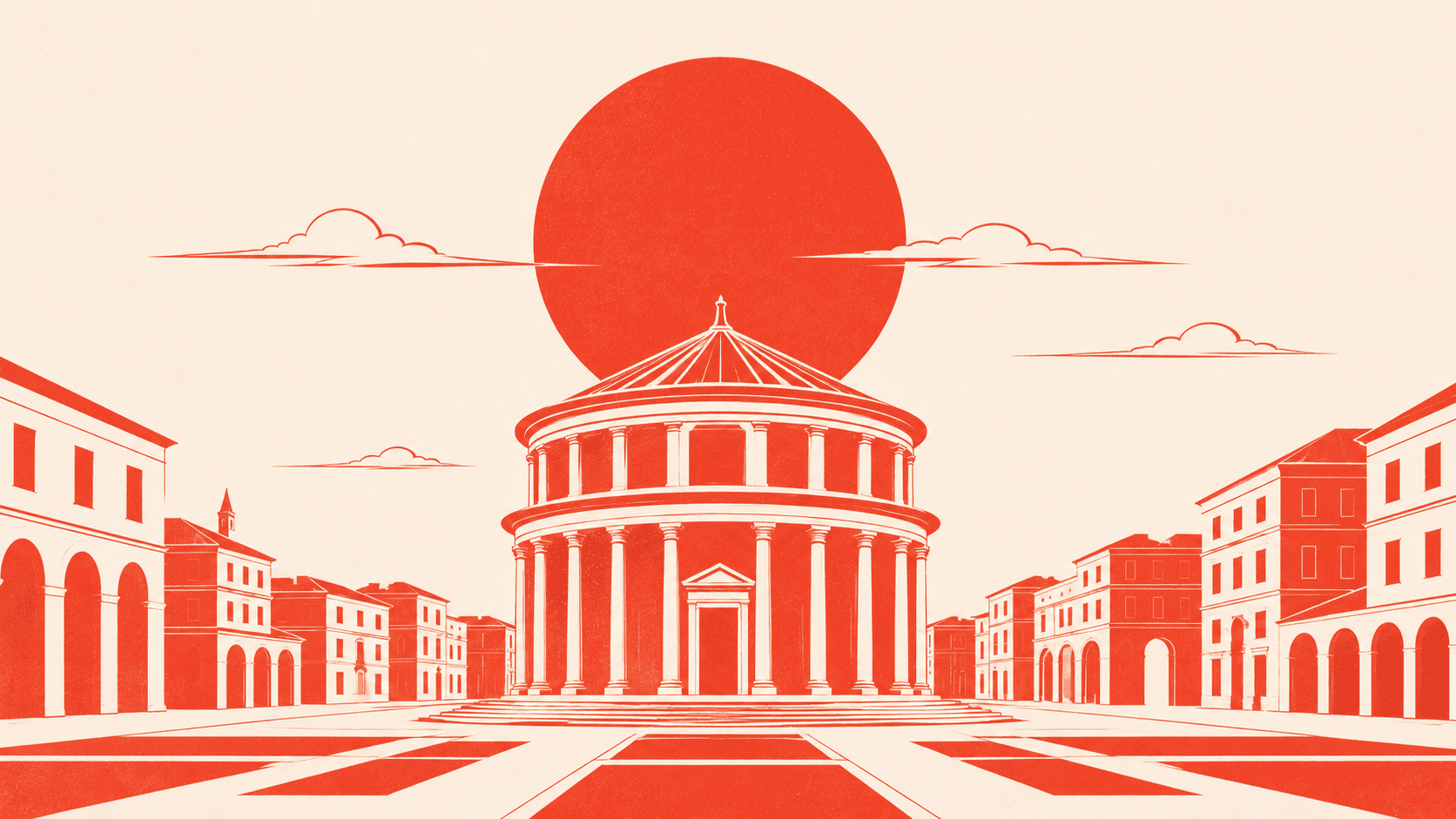 Vermilion engraving of a classical rotunda building in a piazza at sunrise